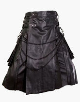 Black leather kilt in a gothic style with a chain - Scottish Kilt Jacket™ USA-UK